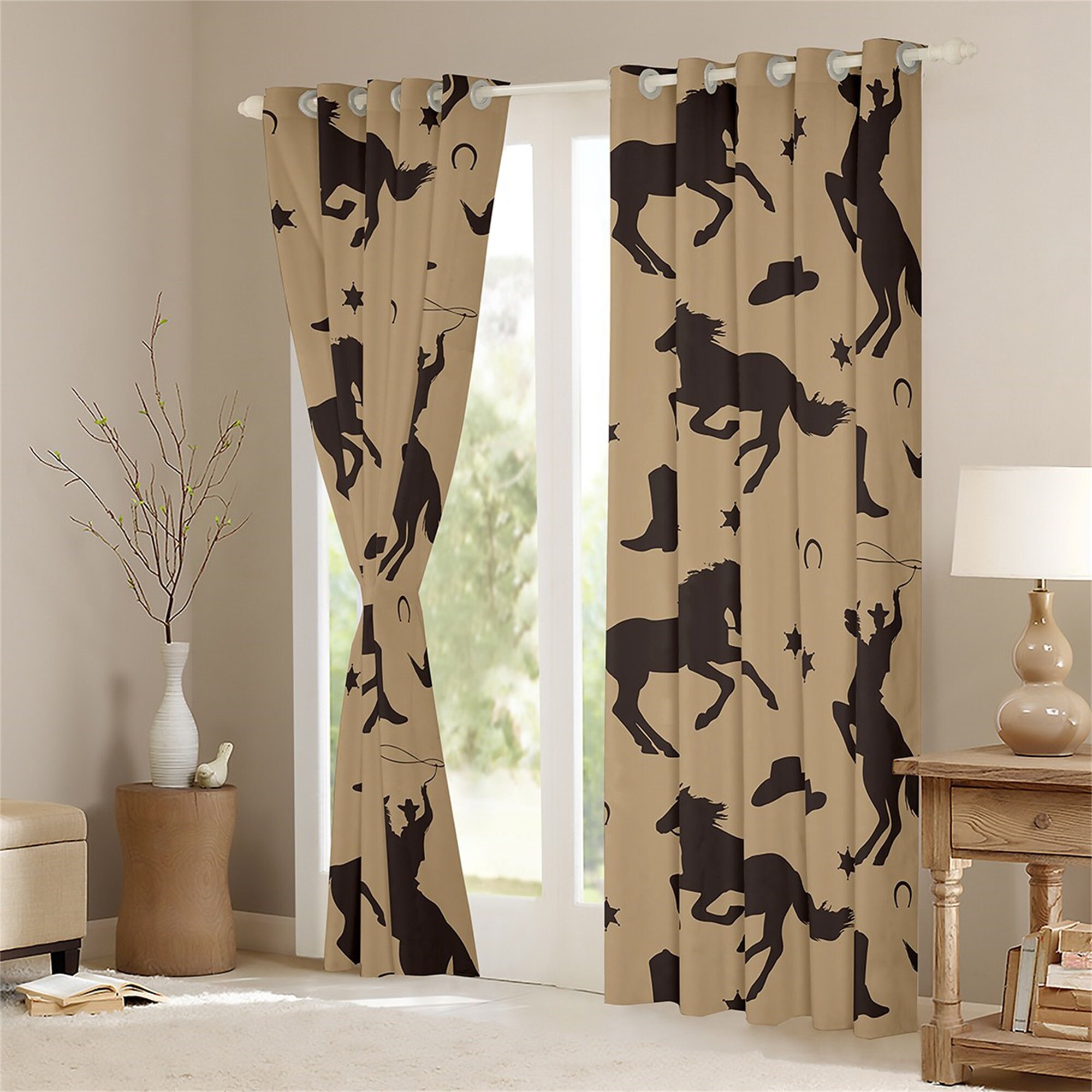 Handmade Horse Silhouette Window Curtains - Western Cowboy Retro Farm Animal Horseshoe Design