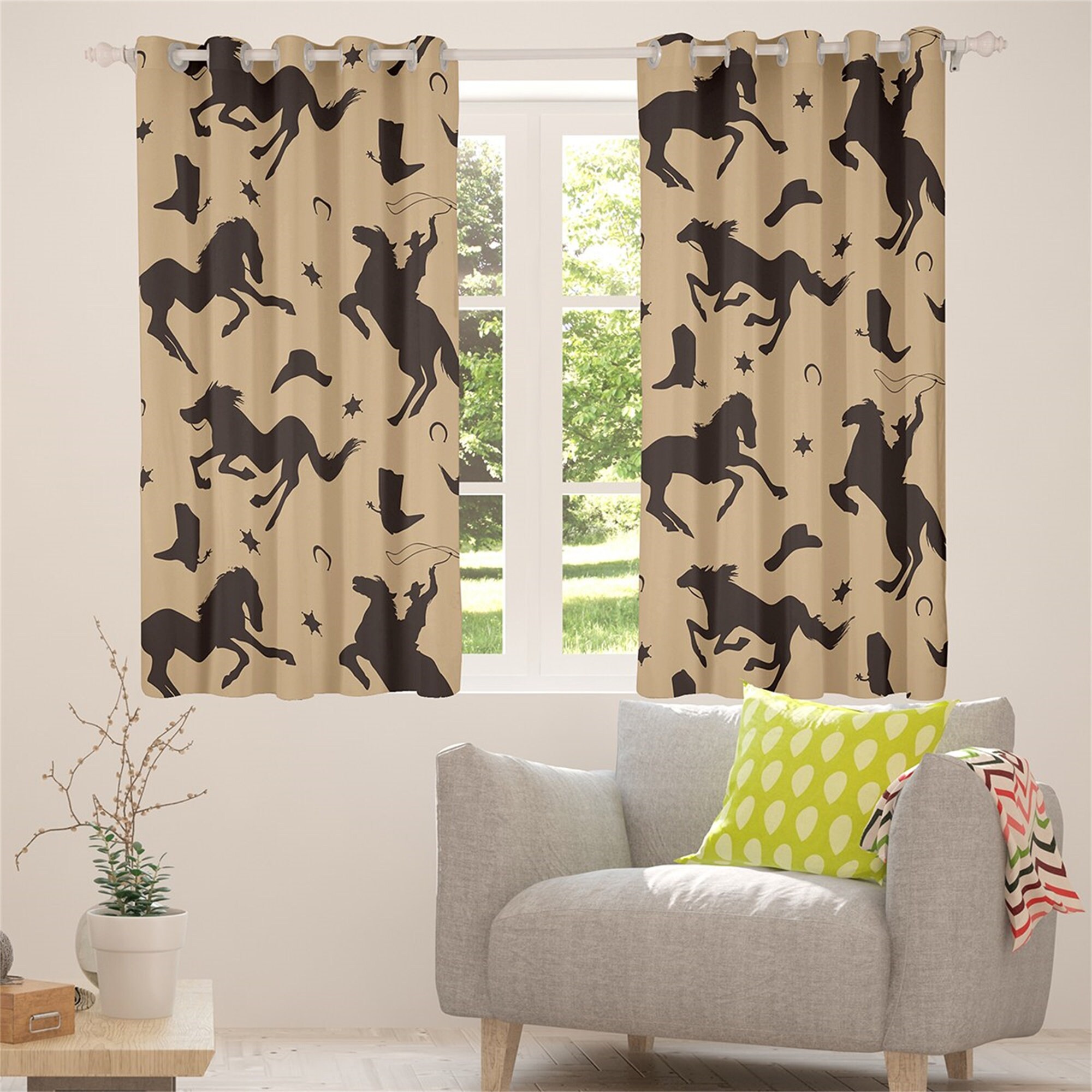 Handmade Horse Silhouette Window Curtains - Western Cowboy Retro Farm Animal Horseshoe Design