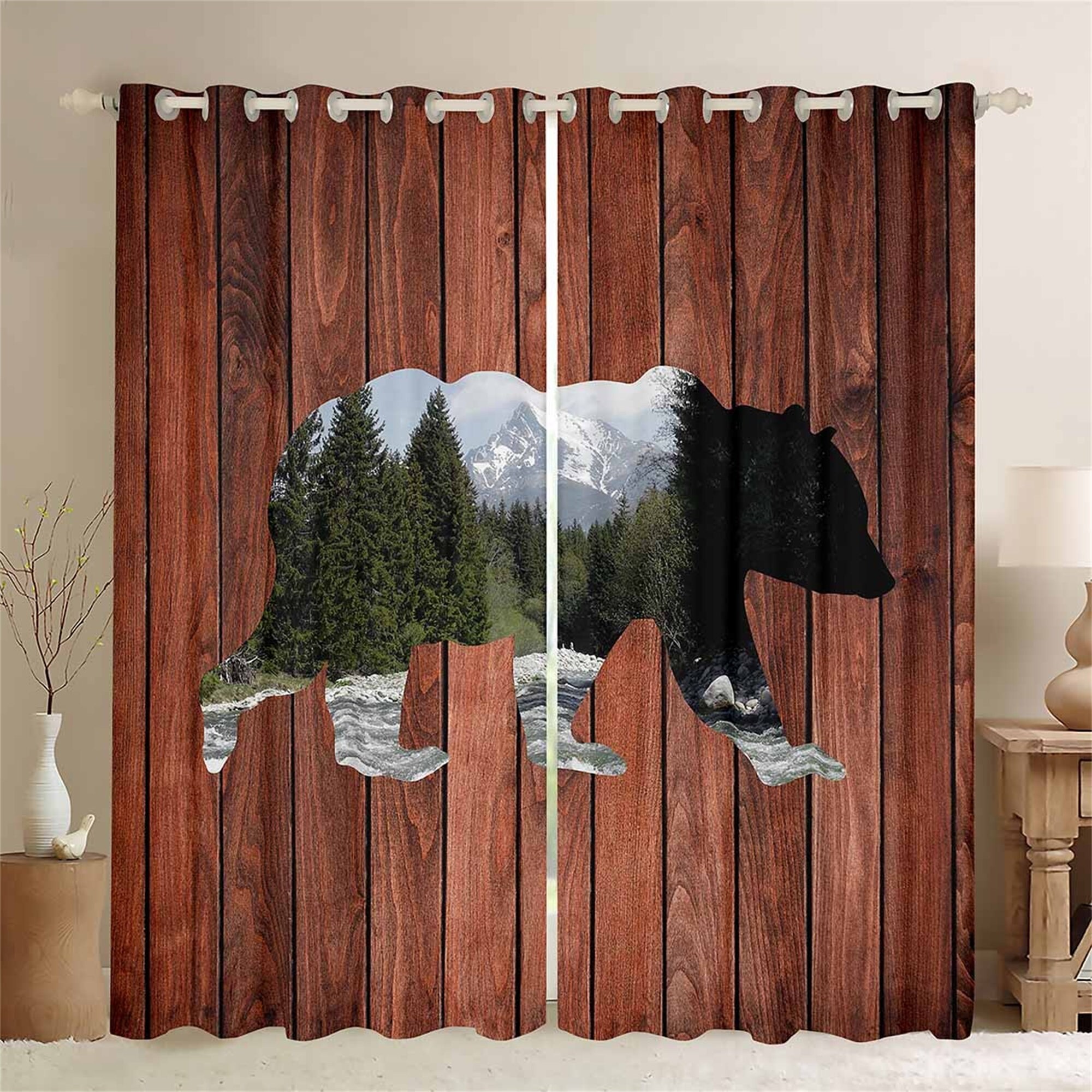 Handmade Rustic Window Curtains With Bear Hunting Wildlife Silhouette Print, Perfect For Nature Lovers