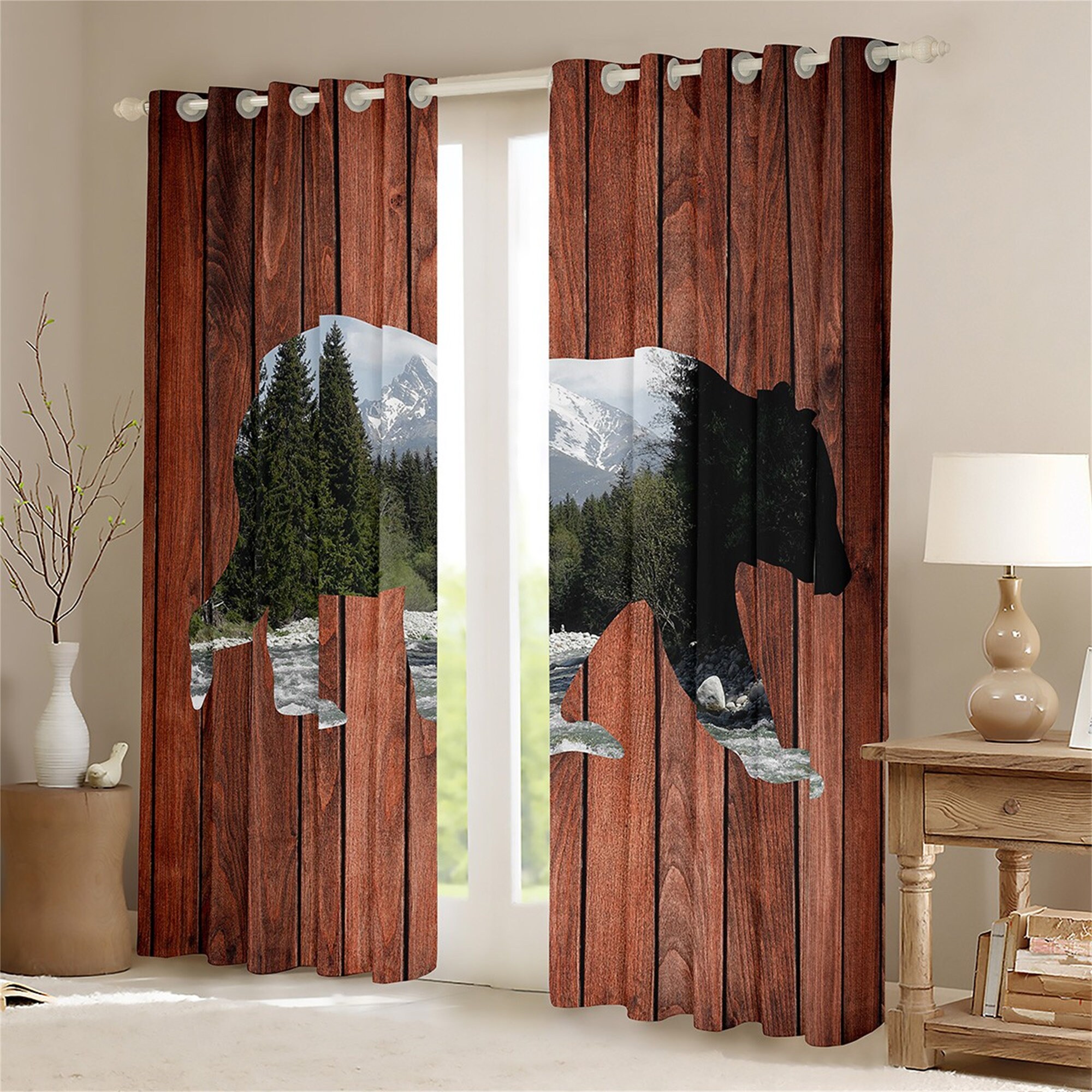 Handmade Rustic Window Curtains With Bear Hunting Wildlife Silhouette Print, Perfect For Nature Lovers - Image 2