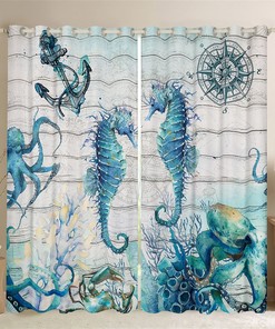 Handmade Seahorse Print Window Curtains for Nautical Home Decor 