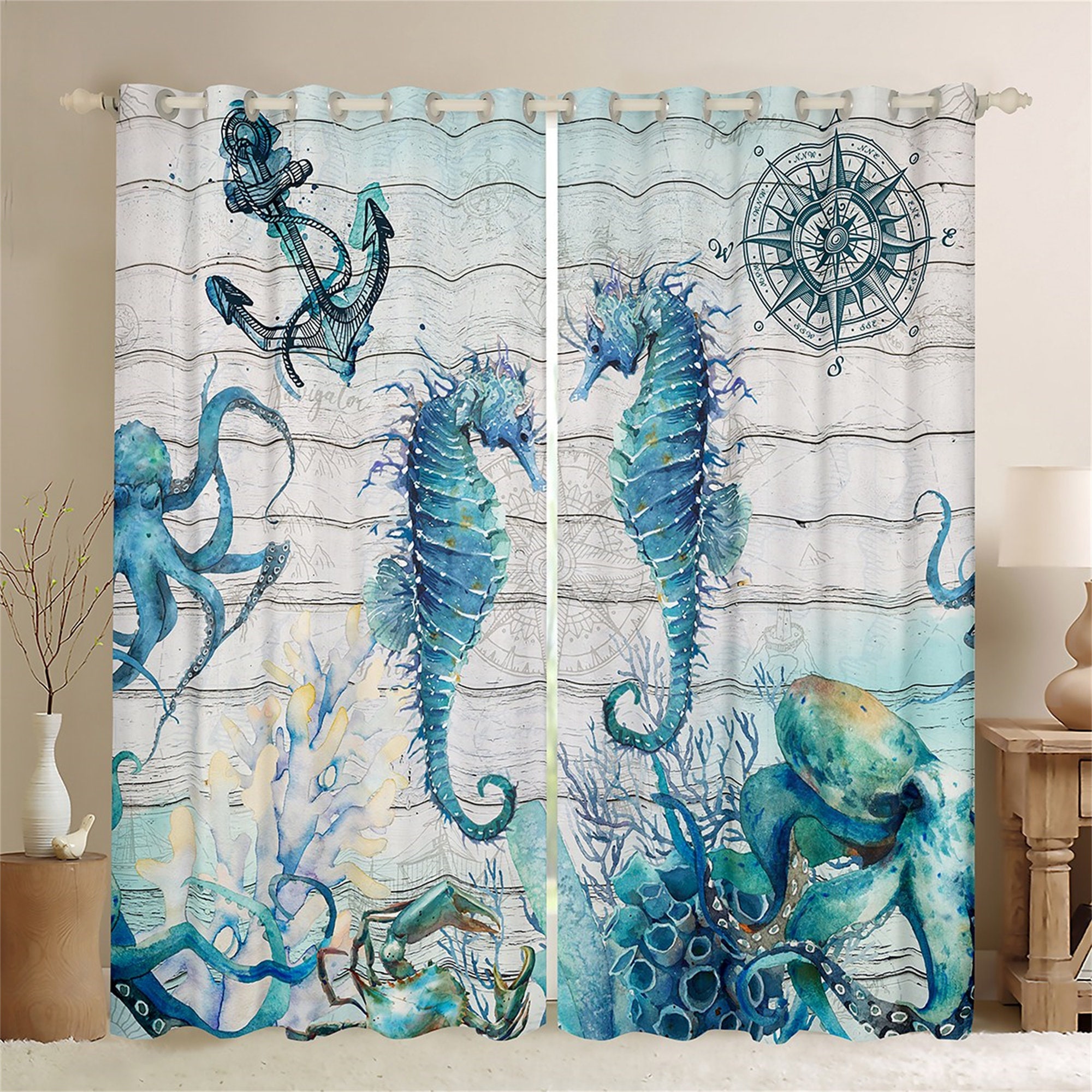 Handmade Seahorse Print Window Curtains for Nautical Home Decor