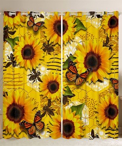 Handmade Sunflower Floral Window Curtains with Nature Animal Butterfly Bee Printing and Geometric Honeycomb Design