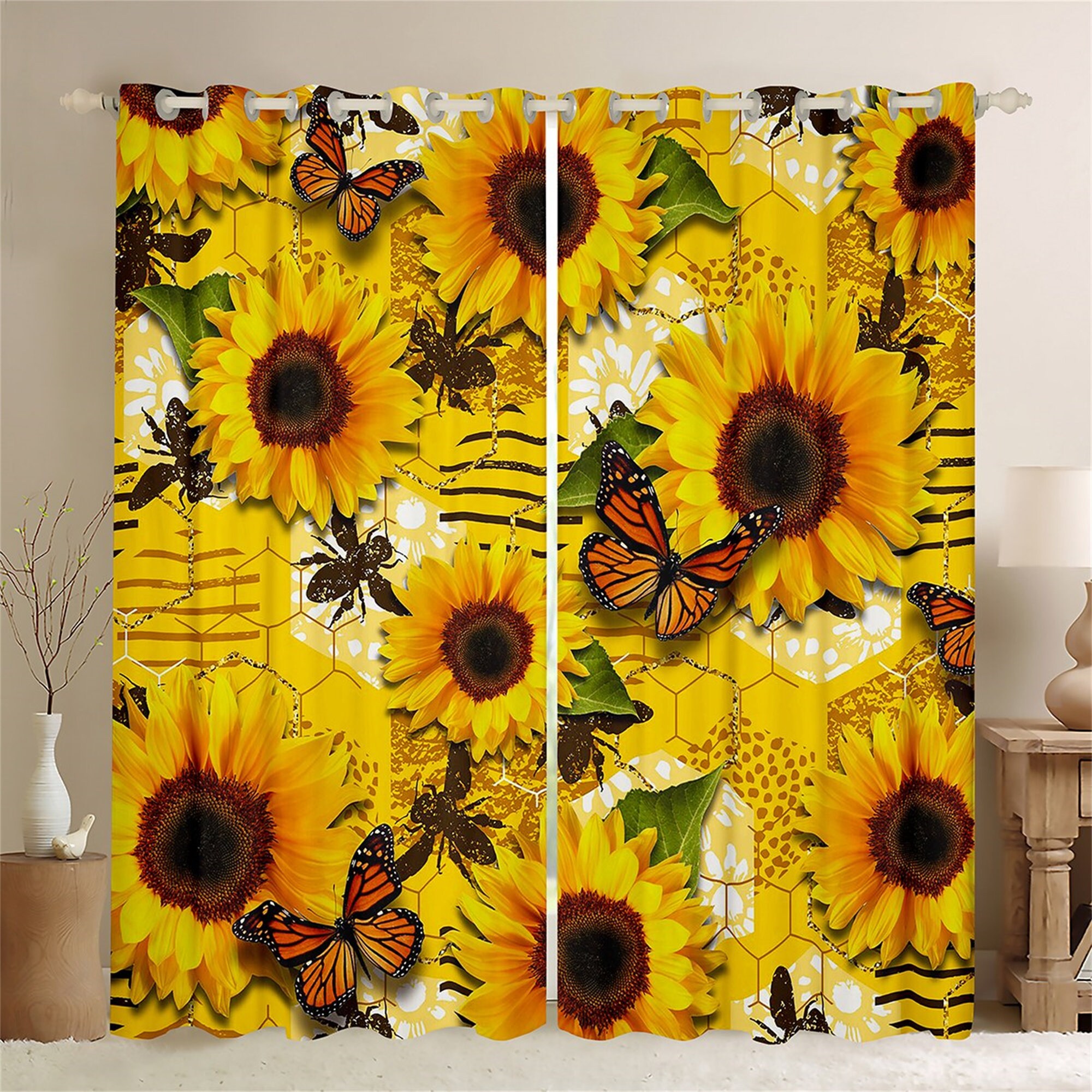 Handmade Sunflower Floral Window Curtains with Nature Animal Butterfly Bee Printing and Geometric Honeycomb Design