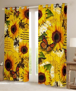 Handmade Sunflower Floral Window Curtains with Nature Animal Butterfly Bee Printing and Geometric Honeycomb Design