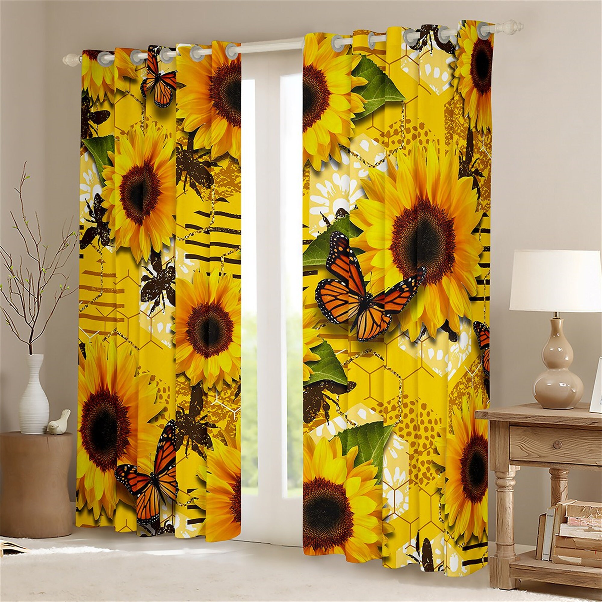 Handmade Sunflower Floral Window Curtains with Nature Animal Butterfly Bee Printing and Geometric Honeycomb Design