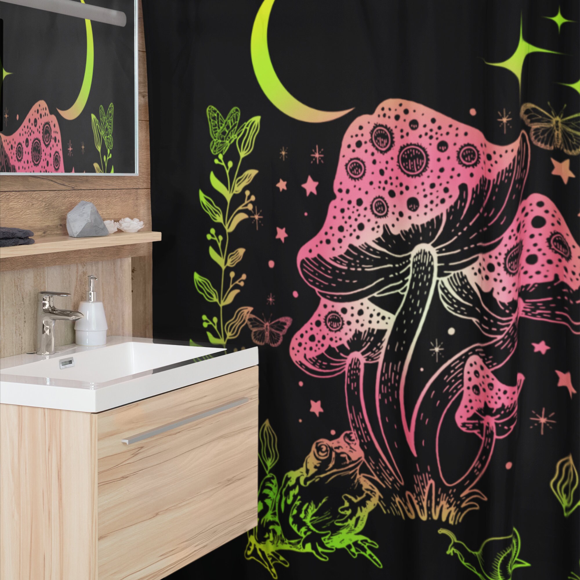 Handmade Unique Frog And Mushroom Shower Curtain With Quarter Moon And Stars - A Delightful Touch Of Nature