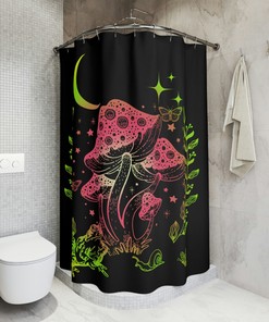 Handmade Unique Frog And Mushroom Shower Curtain With Quarter Moon And Stars - A Delightful Touch Of Nature
