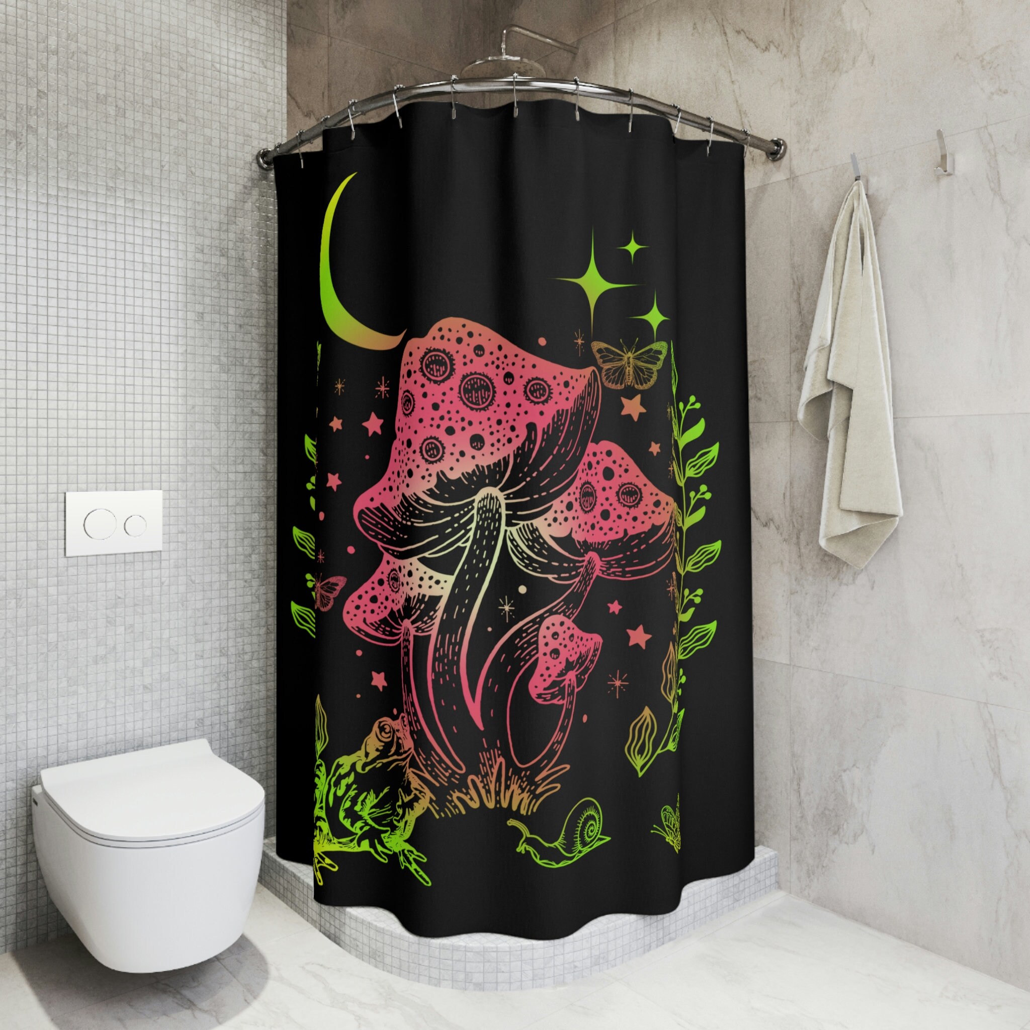 Handmade Unique Frog And Mushroom Shower Curtain With Quarter Moon And Stars - A Delightful Touch Of Nature