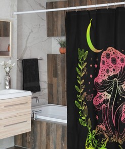 Handmade Unique Frog And Mushroom Shower Curtain With Quarter Moon And Stars - A Delightful Touch Of Nature