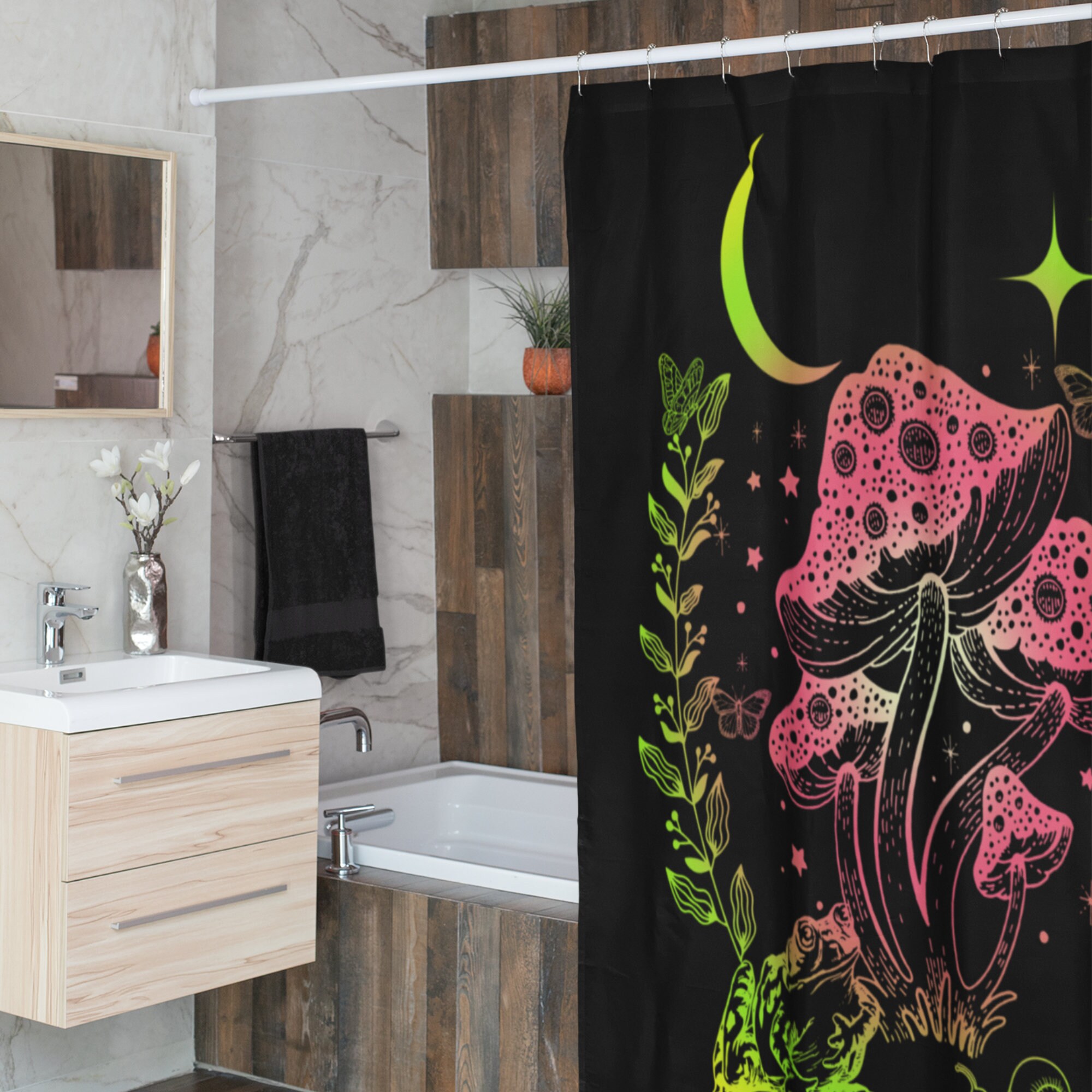 Handmade Unique Frog And Mushroom Shower Curtain With Quarter Moon And Stars - A Delightful Touch Of Nature