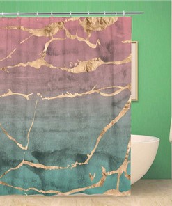 Hand-painted Pink and Green Marble Shower Curtain with Rose Gold Foil Design - Waterproof Fabric Bathroom Curtains 