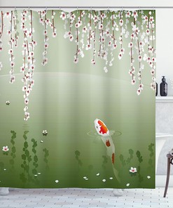 Hanging Cherry Flowers Floating Leaves Koi Fish Painting Style Shower Curtain, Cloth Fabric Bathroom Décor