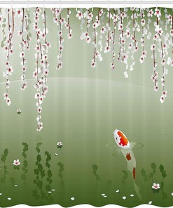 Hanging Cherry Flowers Floating Leaves Koi Fish Painting Style Shower Curtain, Cloth Fabric Bathroom Décor