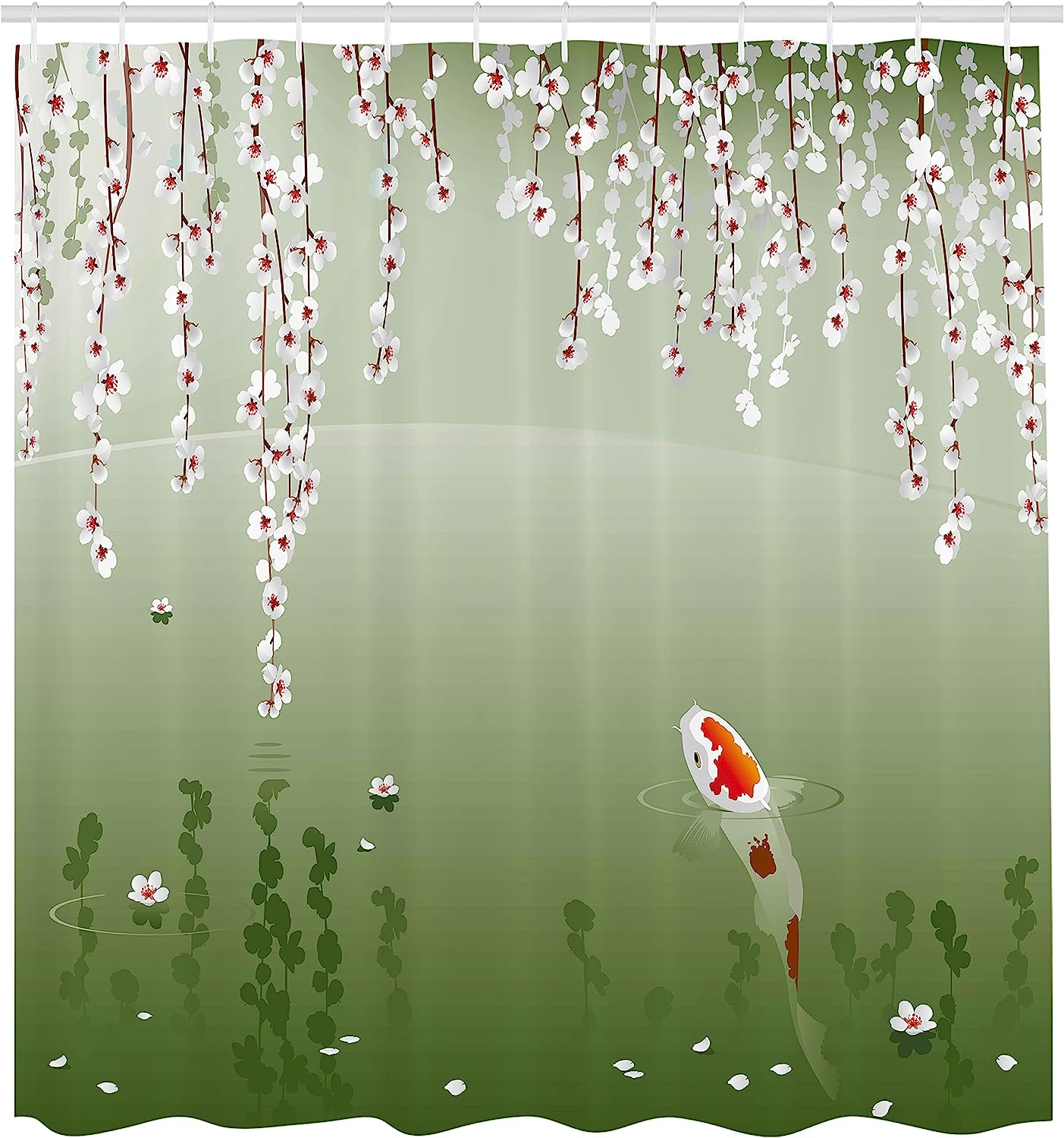 Hanging Cherry Flowers Floating Leaves Koi Fish Painting Style Shower Curtain, Cloth Fabric Bathroom Décor