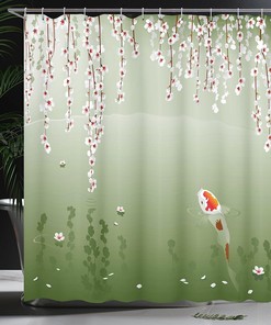 Hanging Cherry Flowers Floating Leaves Koi Fish Painting Style Shower Curtain, Cloth Fabric Bathroom Décor