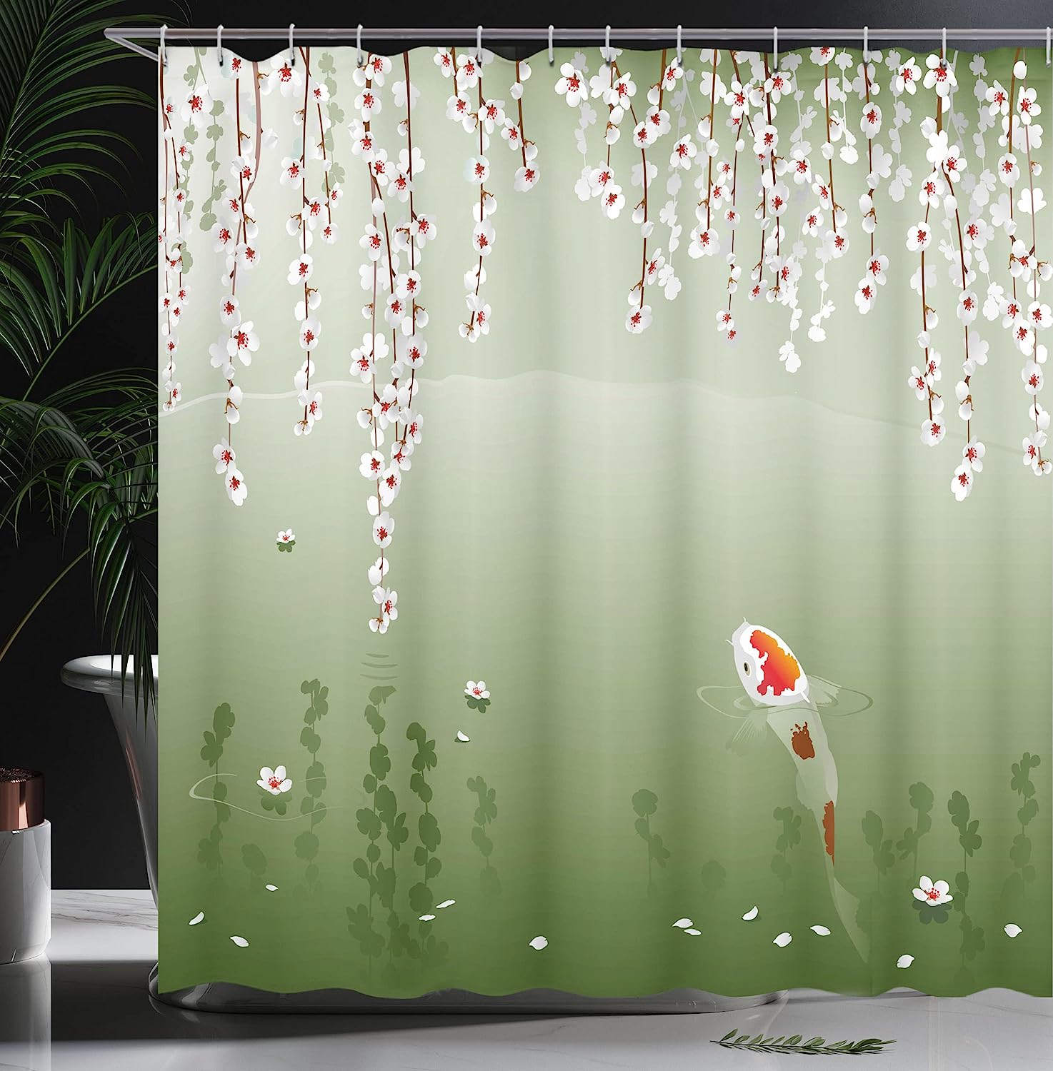 Hanging Cherry Flowers Floating Leaves Koi Fish Painting Style Shower Curtain, Cloth Fabric Bathroom Décor