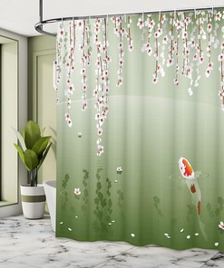 Hanging Cherry Flowers Floating Leaves Koi Fish Painting Style Shower Curtain, Cloth Fabric Bathroom Décor