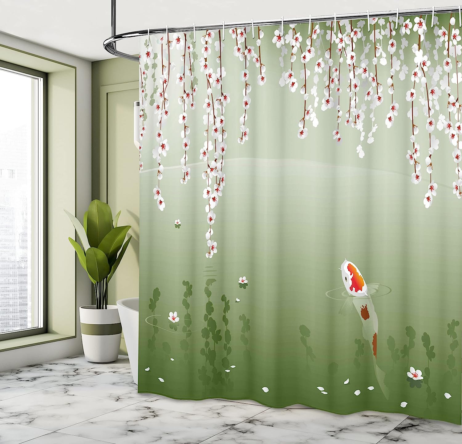 Hanging Cherry Flowers Floating Leaves Koi Fish Painting Style Shower Curtain, Cloth Fabric Bathroom Décor