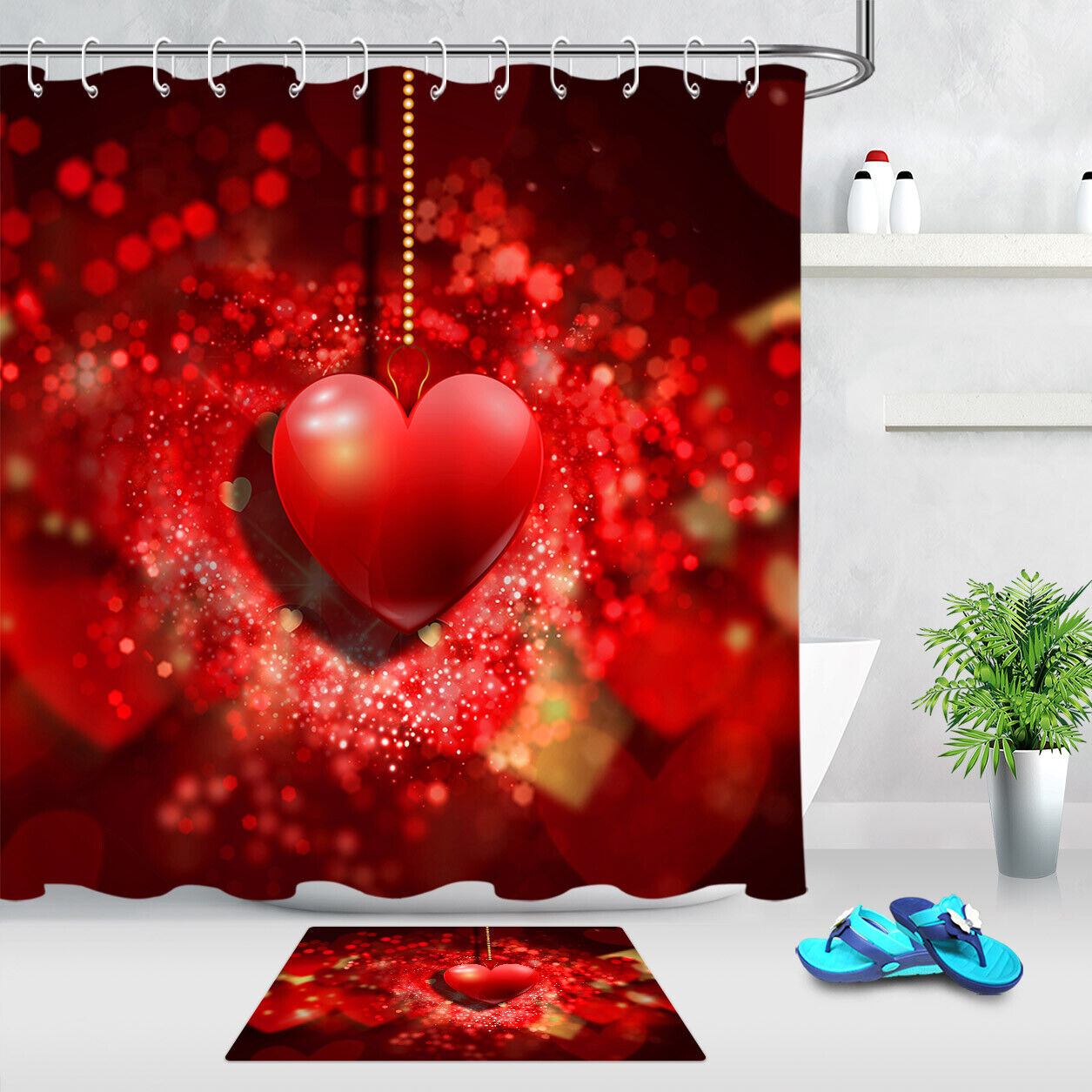 Hanging Heart Ornament Fabric Shower Curtain for Bathroom Decor