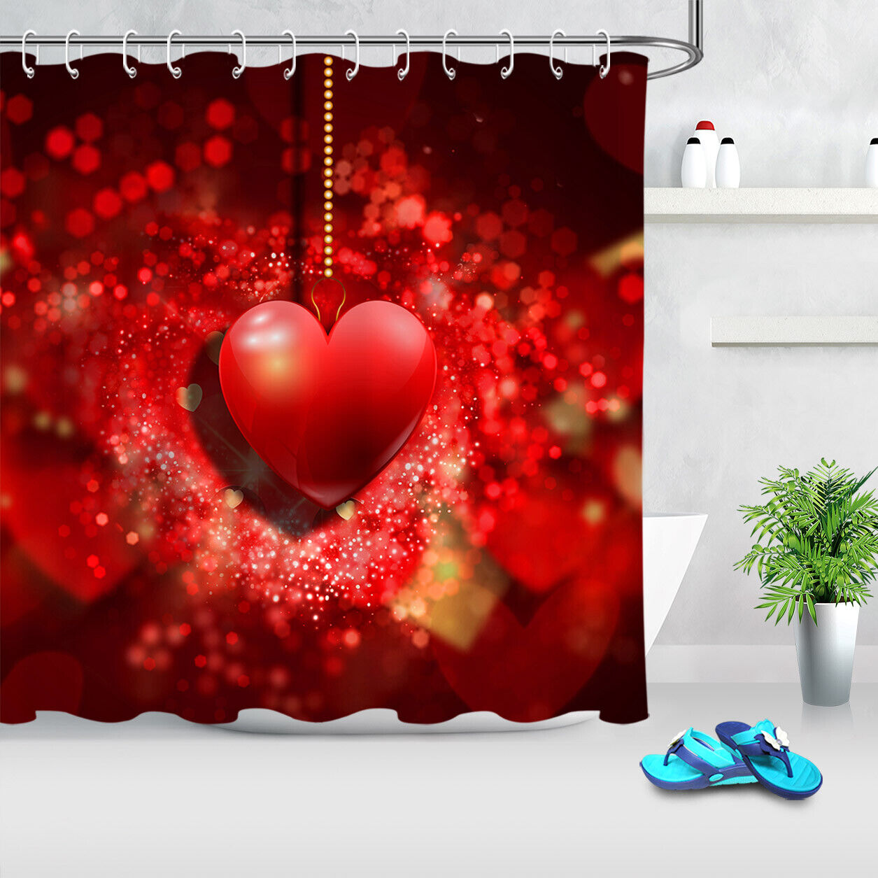 Hanging Heart Ornament Fabric Shower Curtain for Bathroom Decor