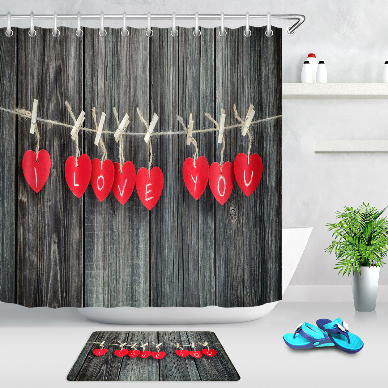 Hanging Heart Papers Wood Wall Shower Curtain for Bathroom Decor