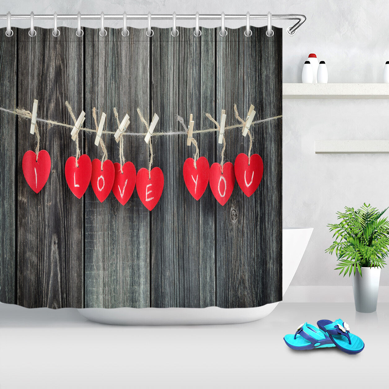 Hanging Heart Papers Wood Wall Shower Curtain for Bathroom Decor