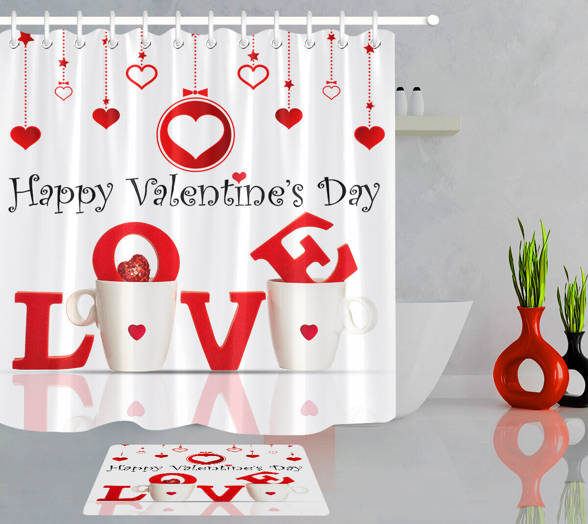 Hanging Hearts with Creative Cups Shower Curtain for Bathroom Decor