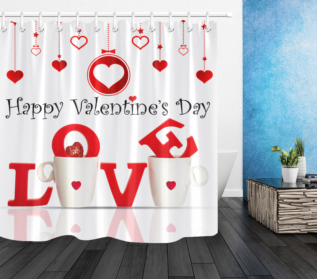Hanging Hearts with Creative Cups Shower Curtain for Bathroom Decor