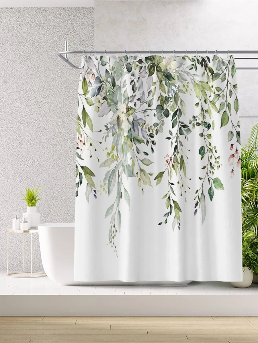 Hanging Leaf Print Shower Curtain - Green for Bathroom Decor