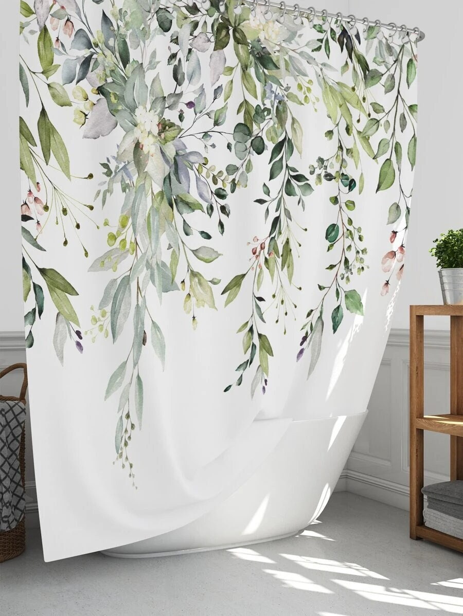 Hanging Leaf Print Shower Curtain - Green for Bathroom Decor