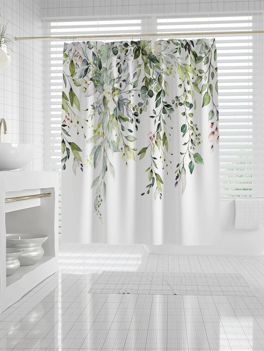 Hanging Leaf Print Shower Curtain - Green for Bathroom Decor