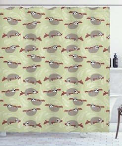 Hanging Sloths Shower Curtain, Cloth Fabric Bathroom Decor in Pale Green Grey Ruby with Cecropia Branches and Leaves