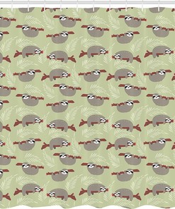 Hanging Sloths Shower Curtain, Cloth Fabric Bathroom Decor in Pale Green Grey Ruby with Cecropia Branches and Leaves