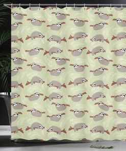Hanging Sloths Shower Curtain, Cloth Fabric Bathroom Decor in Pale Green Grey Ruby with Cecropia Branches and Leaves
