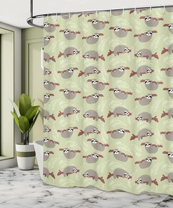 Hanging Sloths Shower Curtain, Cloth Fabric Bathroom Decor in Pale Green Grey Ruby with Cecropia Branches and Leaves