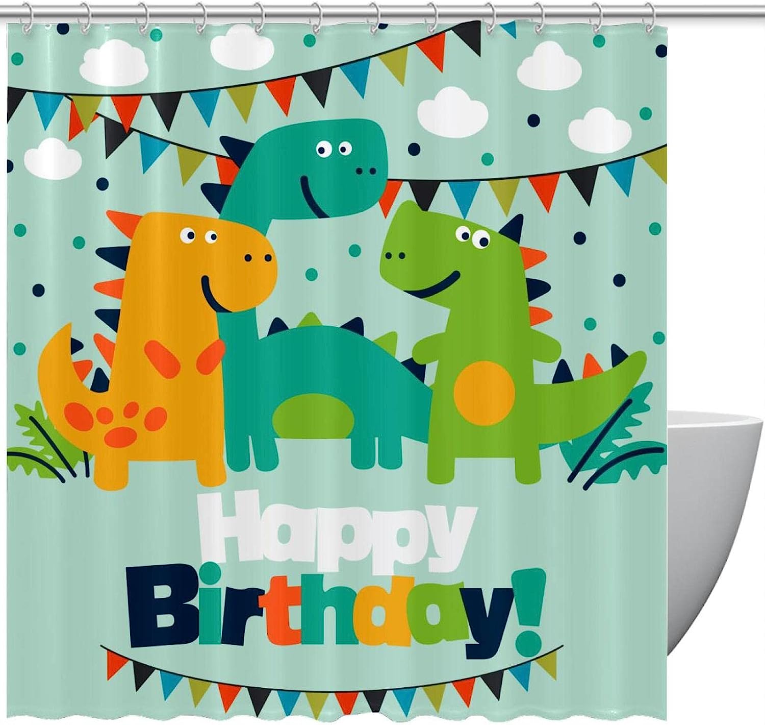 Happy Birthday Dinosaurs Shower Curtain For A Festive Bathroom