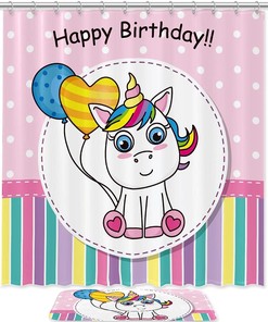 Happy Birthday Unicorn Shower Curtain with Matching Mat