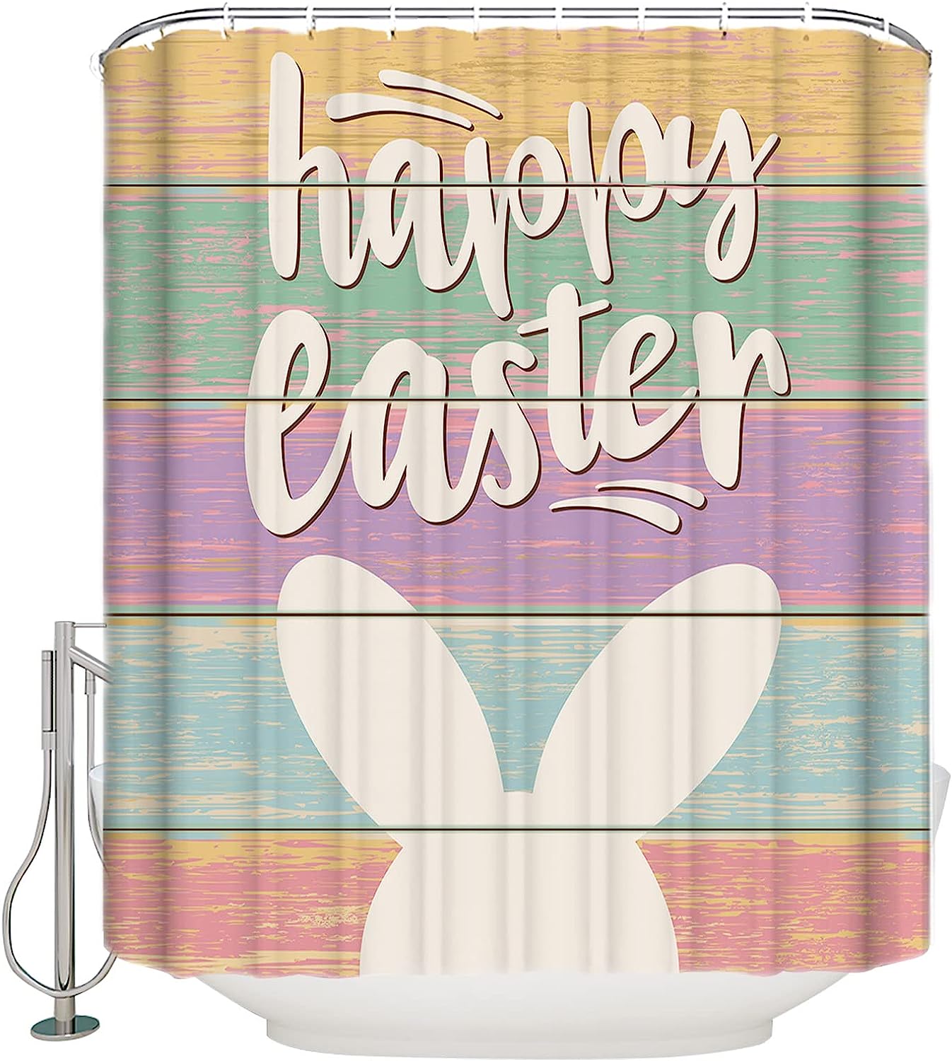 Happy Bunny Colorful Wood Grain Restroom Shower Curtain For Bathroom Decor