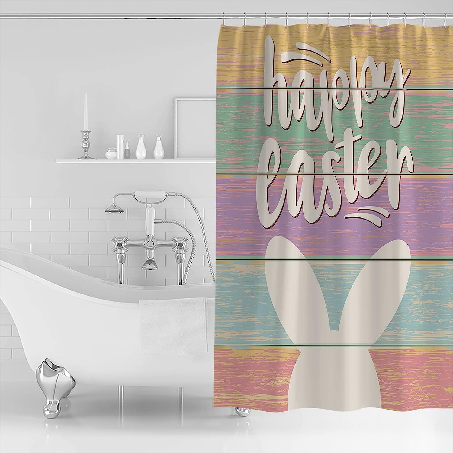 Happy Bunny Colorful Wood Grain Restroom Shower Curtain For Bathroom Decor