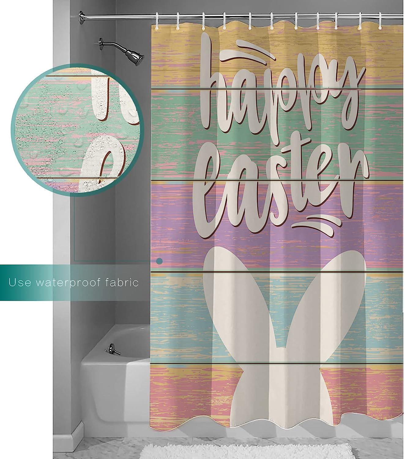 Happy Bunny Colorful Wood Grain Restroom Shower Curtain For Bathroom Decor