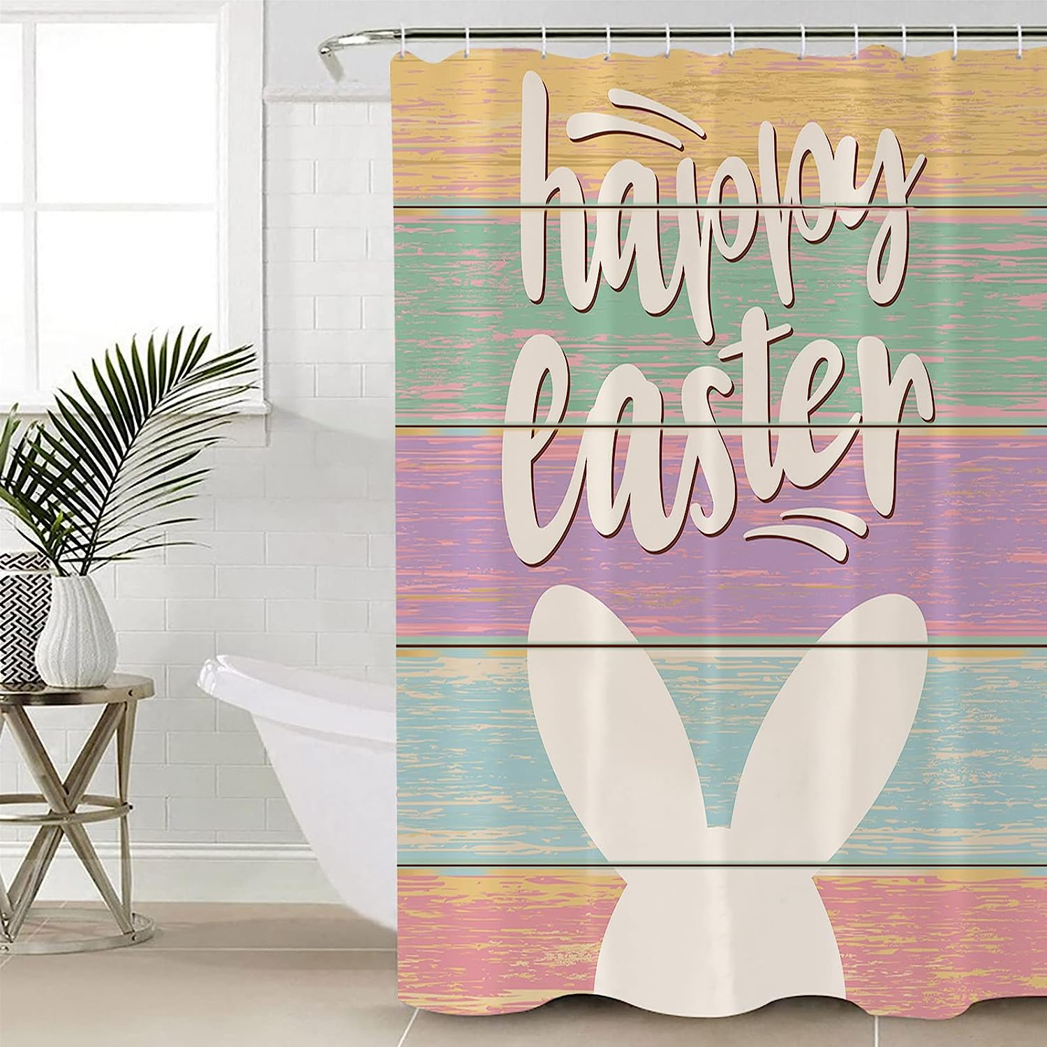 Happy Bunny Colorful Wood Grain Restroom Shower Curtain For Bathroom Decor