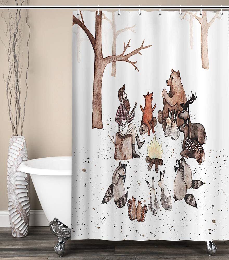 Happy Camper Camping Trailer Deer Fabric Shower Curtain for RV Bathroom Decor