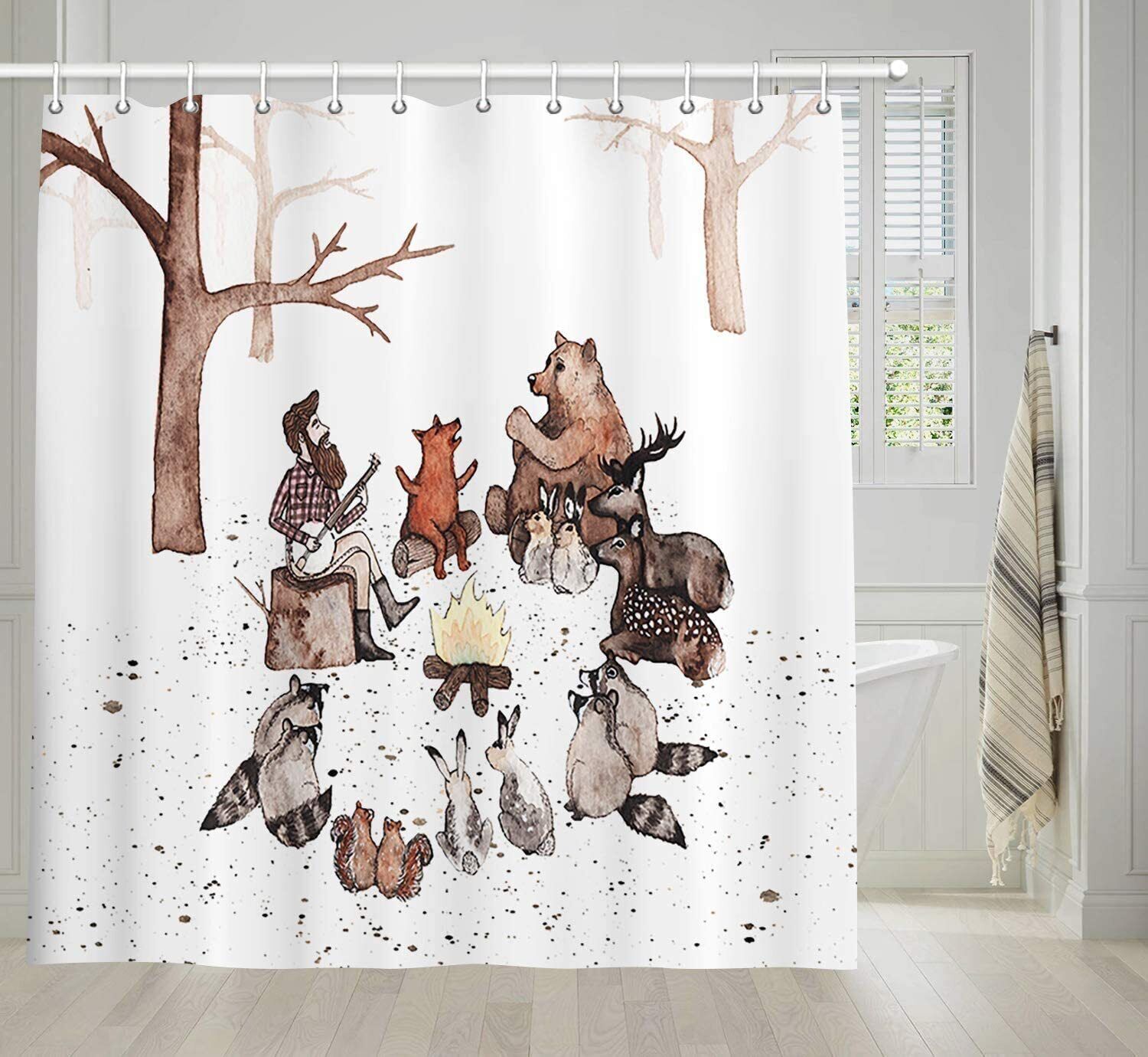 Happy Camper Camping Trailer Deer Fabric Shower Curtain for RV Bathroom Decor