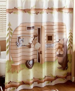 Happy Camper Print Shower CurtainWoodland Animals Forest Bathroom Decor for Women & Kids