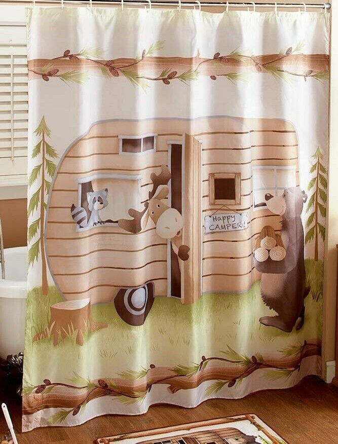 Happy Camper Print Shower CurtainWoodland Animals Forest Bathroom Decor for Women & Kids