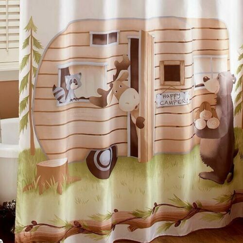 Happy Camper Print Shower CurtainWoodland Animals Forest Bathroom Decor for Women & Kids