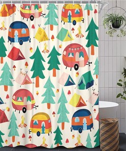 Happy Camper Shorter And Narrow Stall Fabric Bathroom Decor In Vintage Camper Rv Bathroom Accessories
