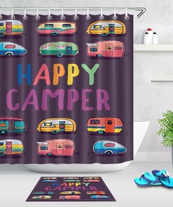 Happy Camper Trailer Waterproof Fabric Bathroom Hooks Shower Curtain For A Travel Theme 