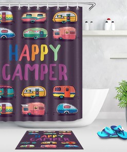 Happy Camper Trailer Waterproof Fabric Bathroom Hooks Shower Curtain For A Travel Theme 